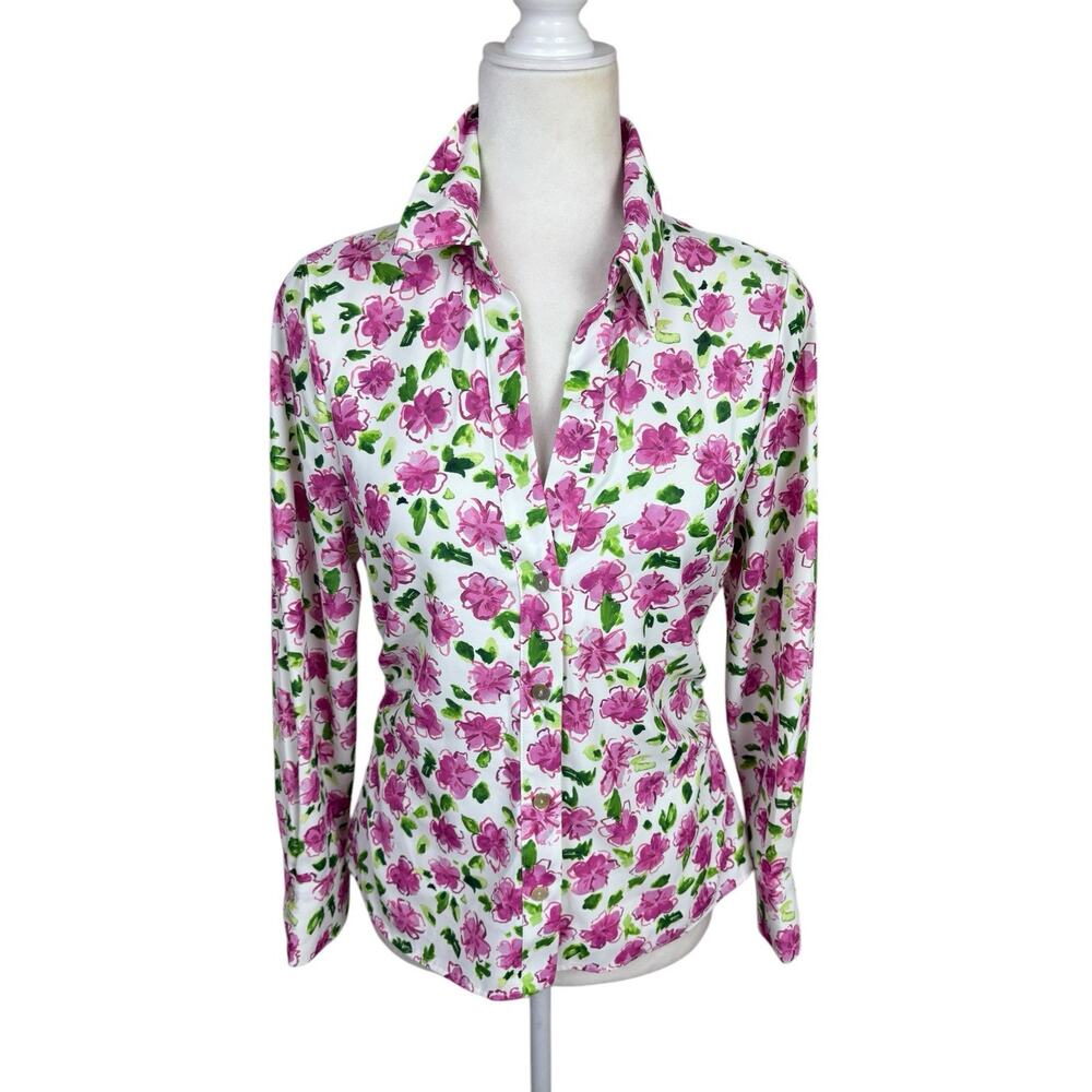 Zara Top Womens Size S White Pink Floral Silky Bloggers Fave Button Up‎ Blouse - Picture 3 of 13